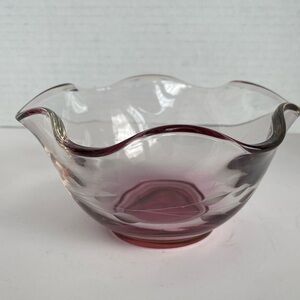 Vtg 1960’s MCM Indiana Glass Ruby Dip Bowl with Ruffled Top & Etching on Sides